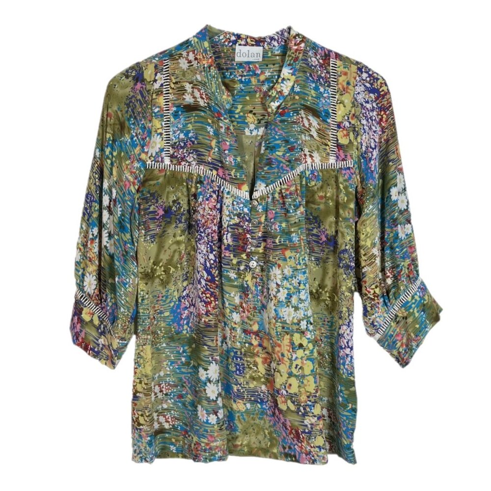 Anthropologie Multicolor Floral Patchwork Blouse - Green, Blue, Purple